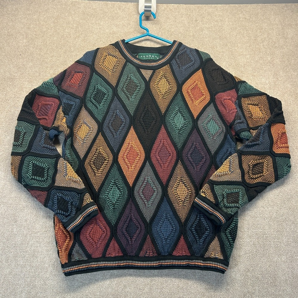 Tundra Canada Sweater Fits as Large Colorful Diamonds 3D Knit Cotton Coogi Style